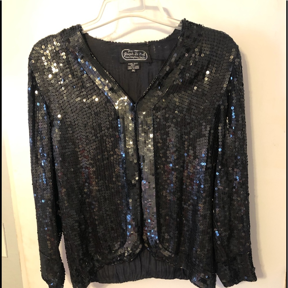 Vintage Full Sequin Black Collarless Blazer or Jacket